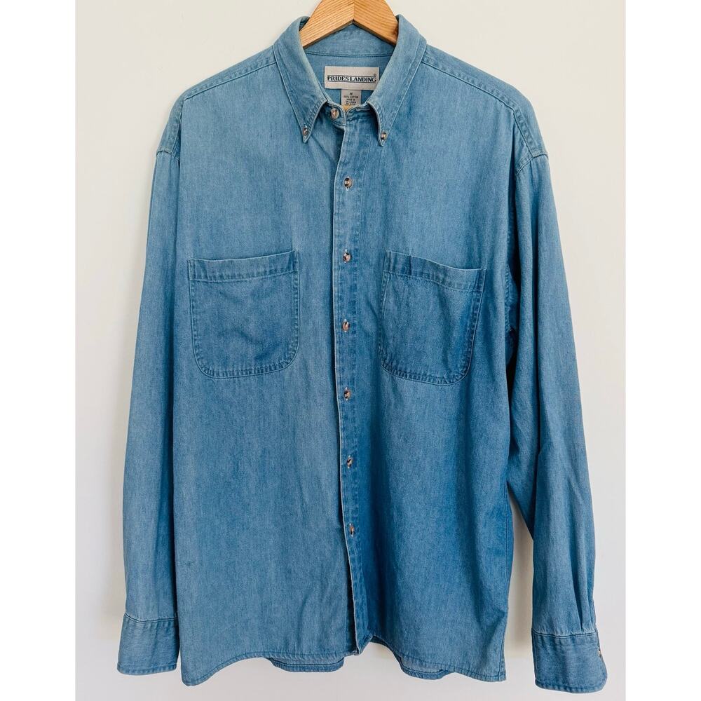 Prides Landing Men Vintage Blue Denim Oxford Button Western Jean Shirt Sz Medium